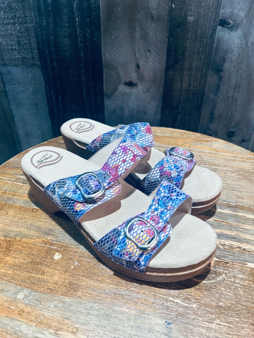 Comfort Slide Sandals with Blue Multicolor Snake-Print Straps